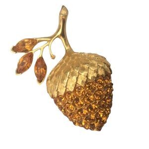 Rapallo Amber Rhinestone Gold Tone Acorn Brooch
